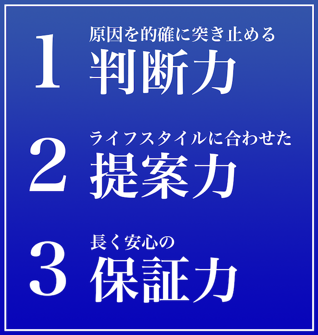 原因を的確に突き止める判断力・ライフスタイルに合った施工内容の提案力・長く安心の保証力